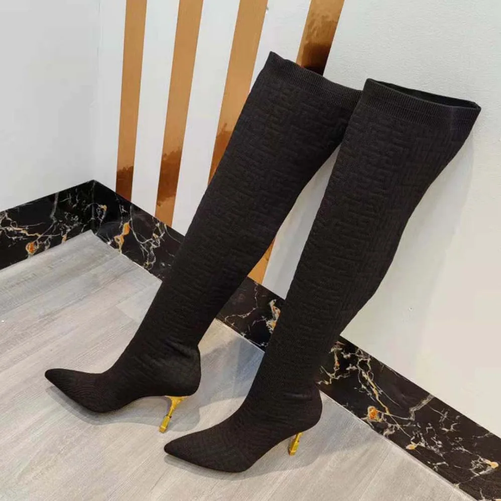 Balmain Moneta Mesh Thigh Boots with Monogram for Women in Black Balmain Moneta Mesh Thigh Boots with Monogram for Women in Black