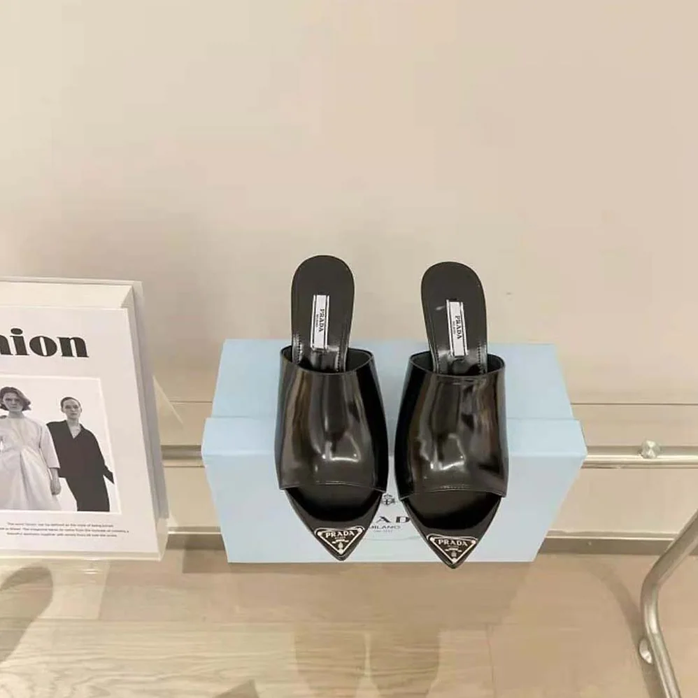Prada Brushed Leather High-Heel Slides in 75mm Heel Height for Women