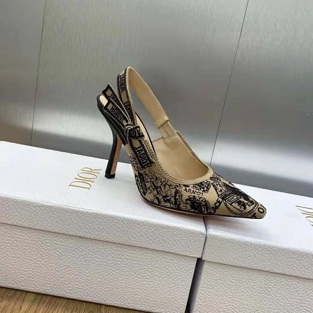 Dior J'Adior Slingback Pump Black and Beige Cotton Embroidered with Plan de Paris Motif for Women Dior J'Adior Slingback Pump Black and Beige Cotton Embroidered with Plan de Paris Motif for Women