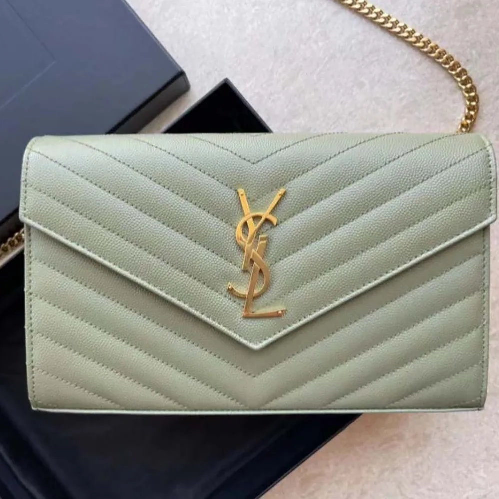 Saint Laurent Monogram Chain Wallet Grain De Poudre Embossed in Green Saint Laurent Monogram Chain Wallet Grain De Poudre Embossed in Green