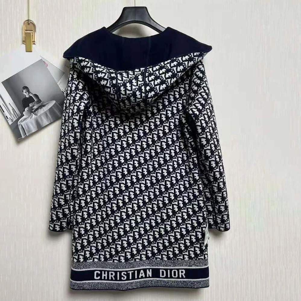 Dior Cropped Coat with Hood and Belt Navy Blue Double for Women in Sided Wool