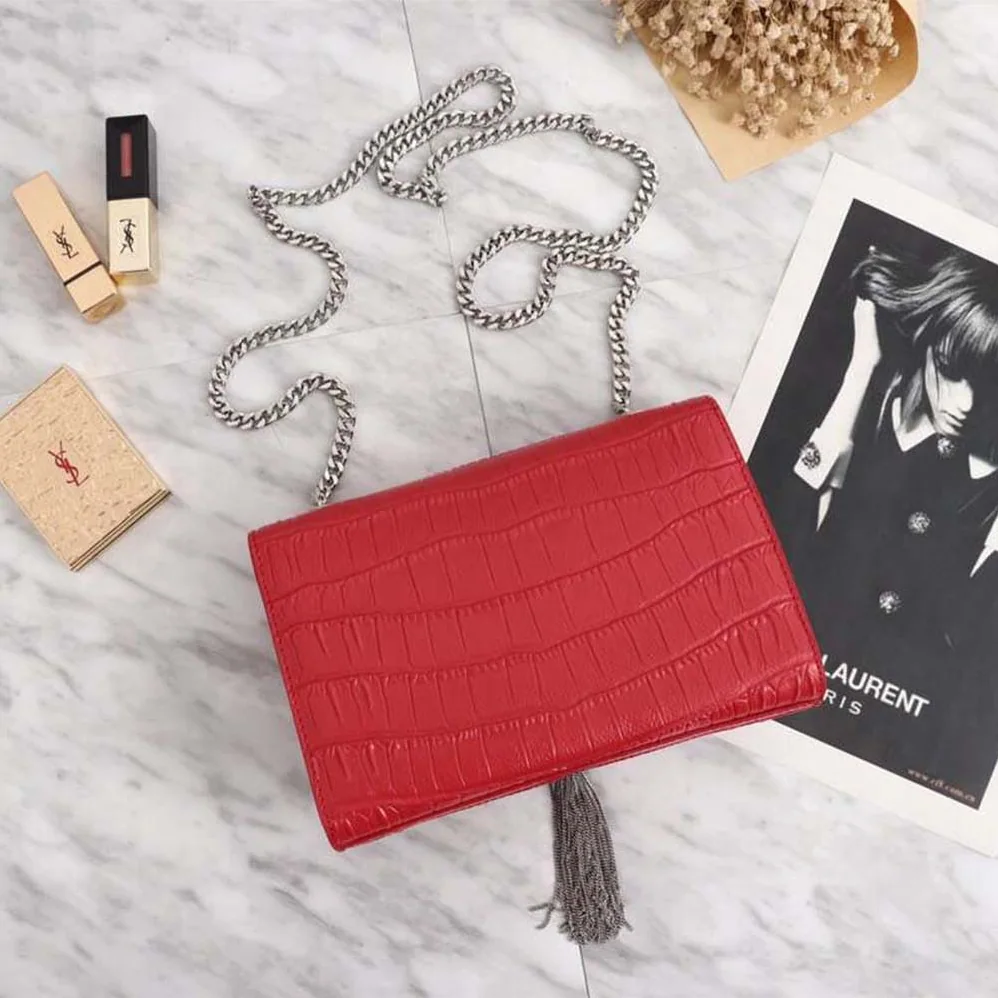 Saint Laurent YSL Kate Small Tassel Embossed Crocodile Shiny Calfskin for Women in Red Saint Laurent YSL Kate Small Tassel Embossed Crocodile Shiny Calfskin for Women in Red