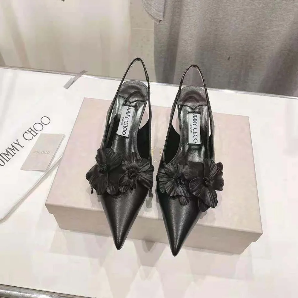 Jimmy Choo Amita Flowers 45 Black Nappa Leather Sling Back Pumps with Flowers for Women