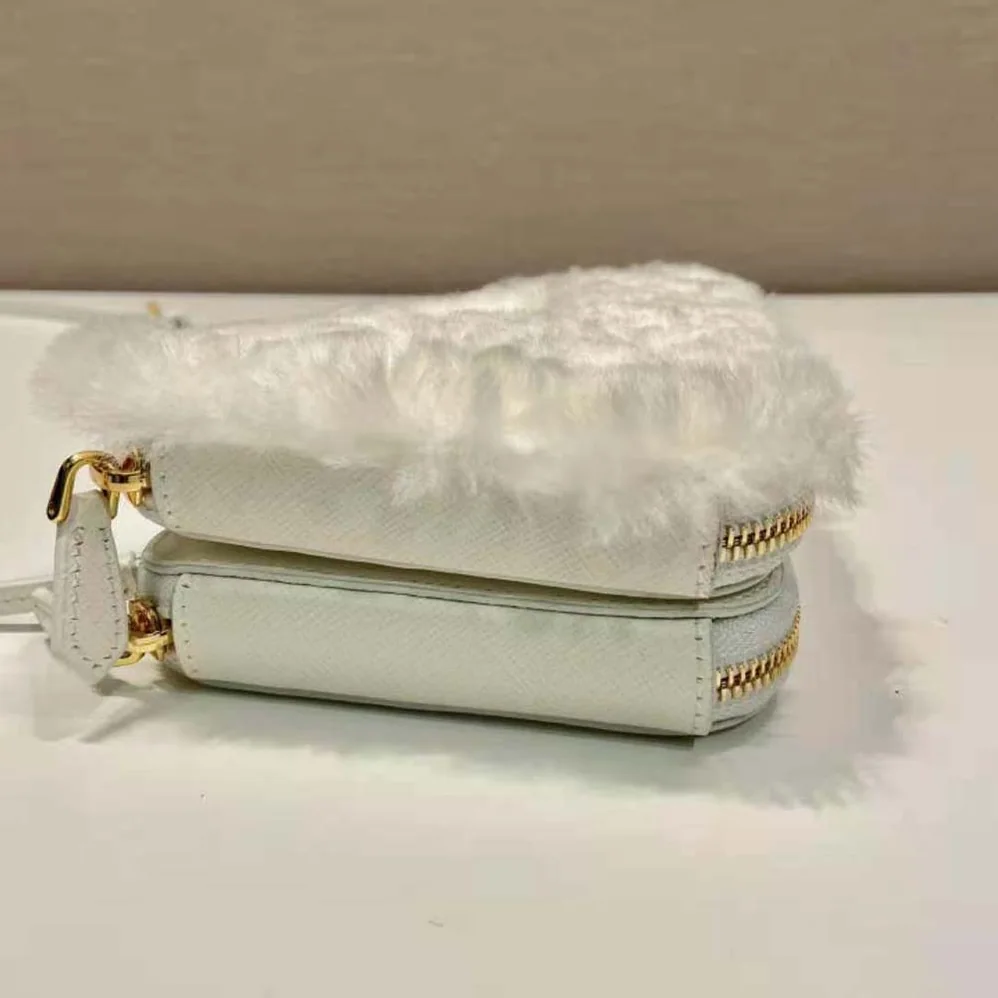 Prada Shearling and Saffiano Leather Mini-Pouch for Women in White