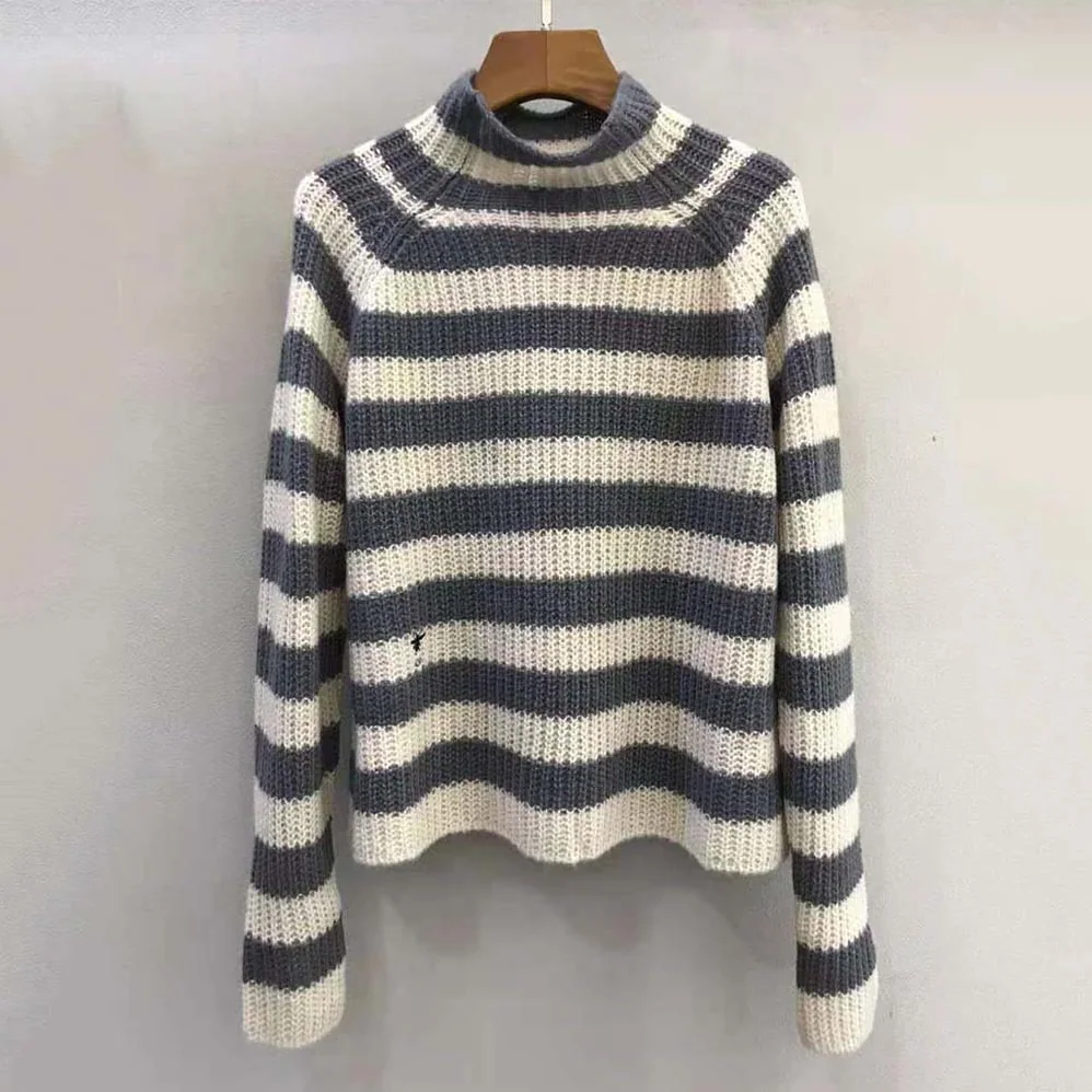 Dior Stand Collar Sweater Gray and Ecru D-Stripes Alpaca Cashmere and Silk Knit for Women Dior Stand Collar Sweater Gray and Ecru D-Stripes Alpaca Cashmere and Silk Knit for Women