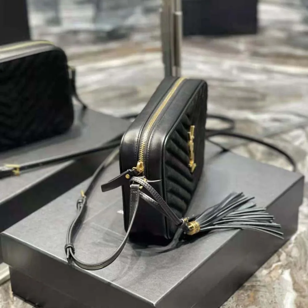 Saint Laurent YSL Lou Camera Bag in Quilted Suede and Smooth Leather for Women in Black