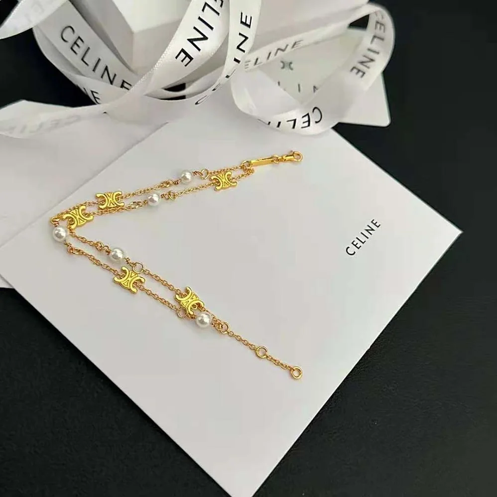 Celine Triomphe Pearl Double Bracelet in Brass with Gold Finish and Resin Pearls for Women