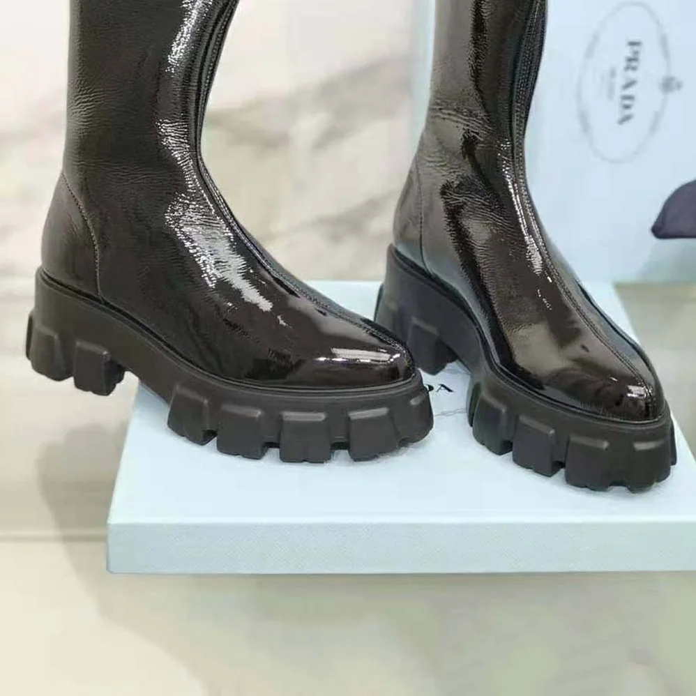 Prada Monolith Pointy Technical Patent Leather Booties for Women Prada Monolith Pointy Technical Patent Leather Booties for Women