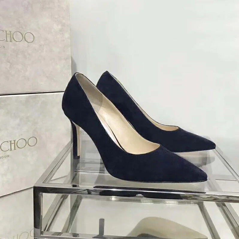 Jimmy Choo Shoes Romy 85 Opal Suede Pointy Toe Pumps for Women in Navy