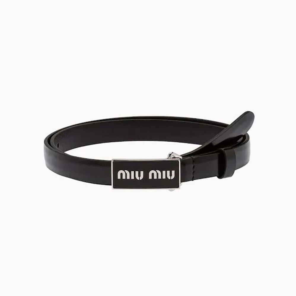 Miu Miu Brushed Leather Belt with Enameled Metal Buckle for Women in Black Miu Miu Brushed Leather Belt with Enameled Metal Buckle for Women in Black