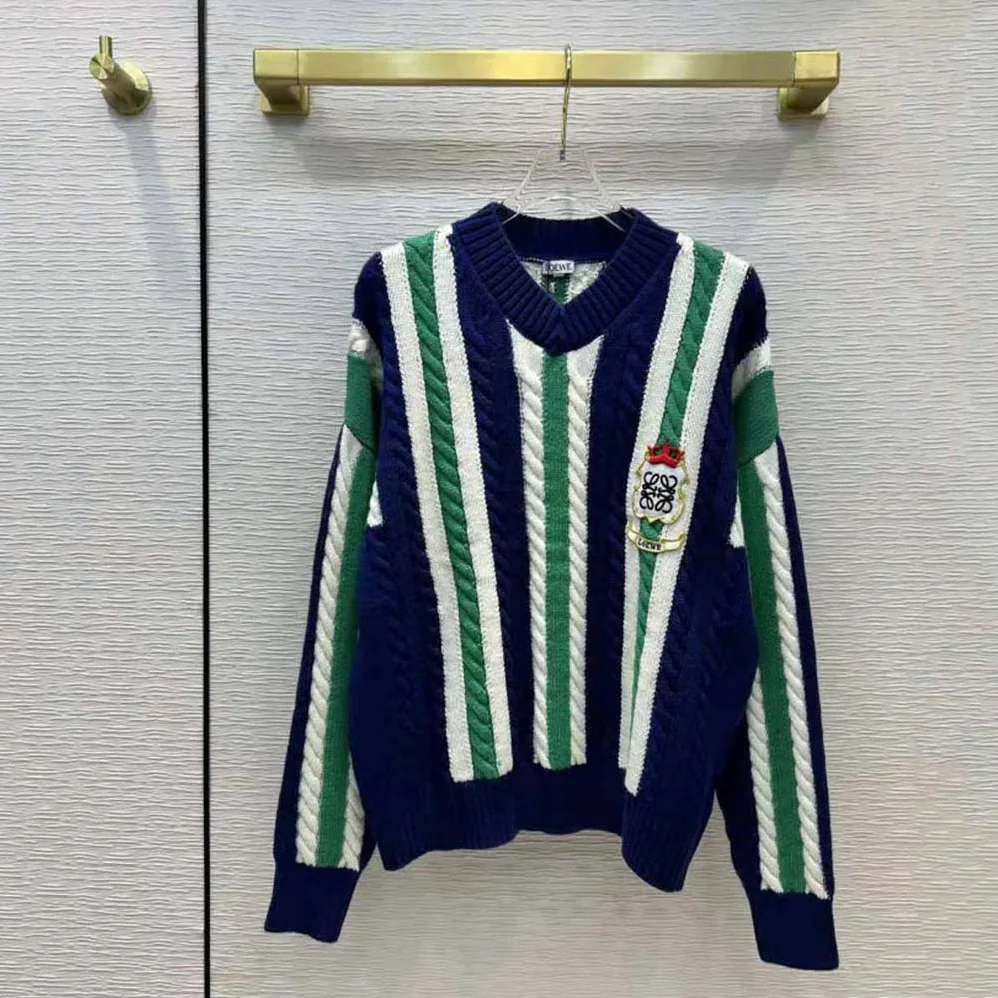 Loewe Stripe V-neck Sweater in Wool for Women in Green