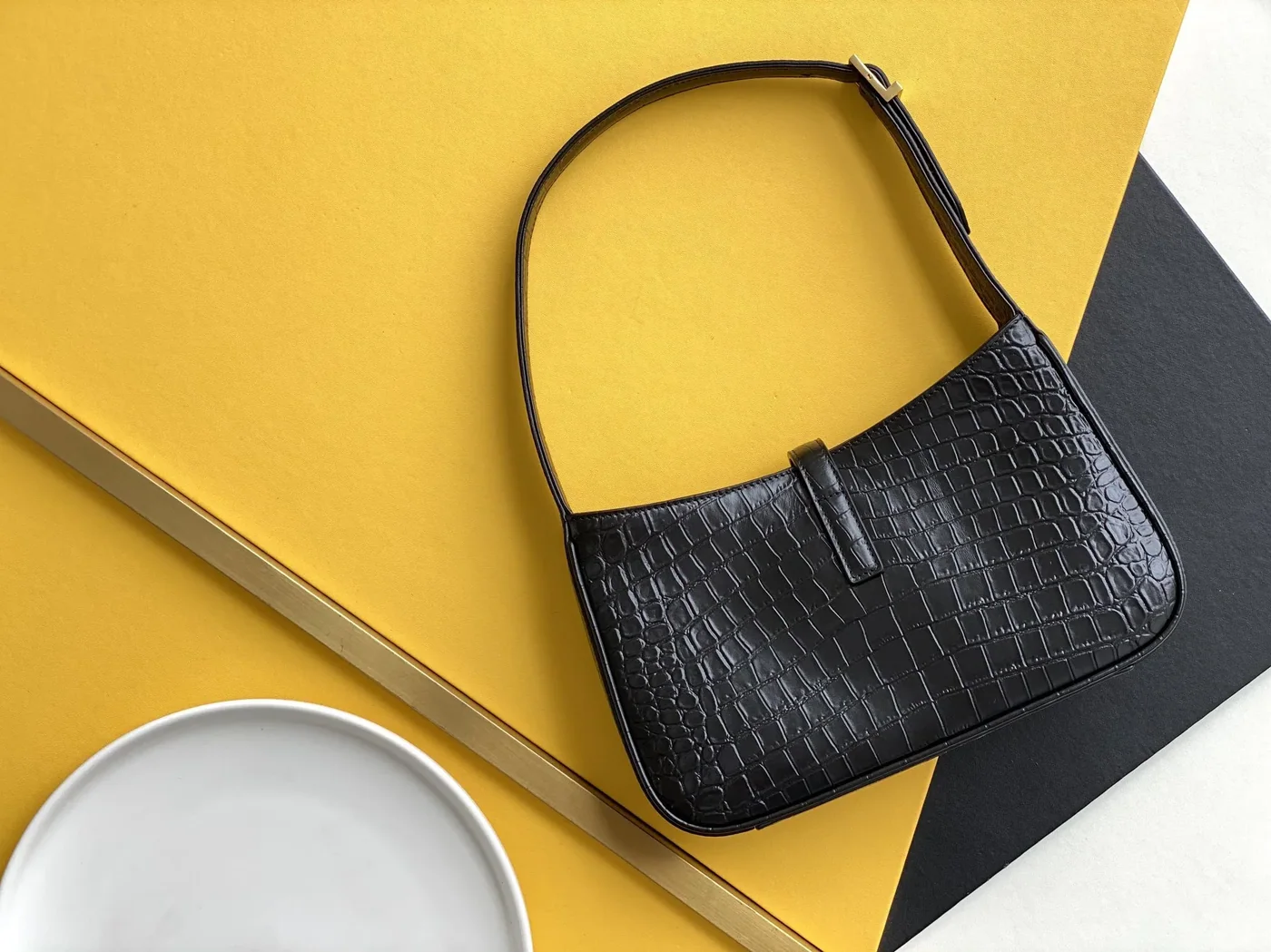 Saint Laurent LE 5 À 7 Hobo Bag Black In Embossed Material in YSL Saint Laurent LE 5 À 7 Hobo Bag Black In Embossed Material in YSL
