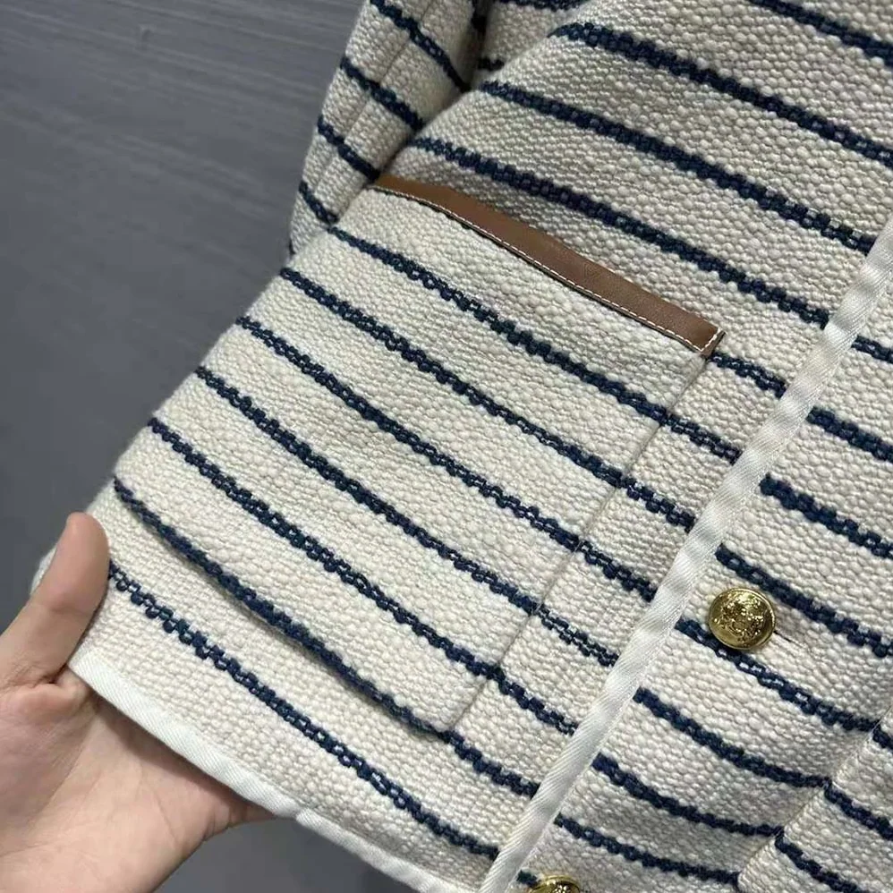 Celine Cardigan Jacket with Leather Details in Striped Cotton for Women Celine Cardigan Jacket with Leather Details in Striped Cotton for Women