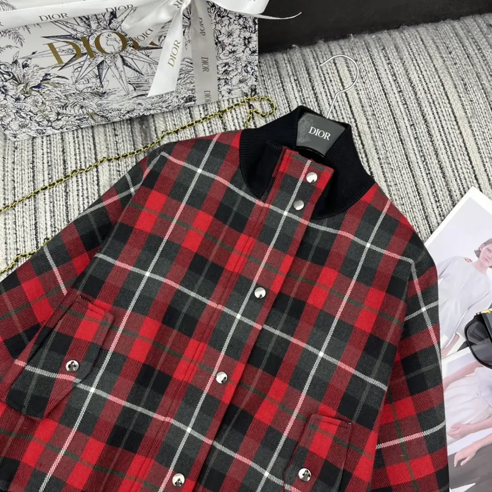 Dior Cannage Bomber Jacket with Vest Red, Gray and Black Check'n'Dior Virgin Wool for Women