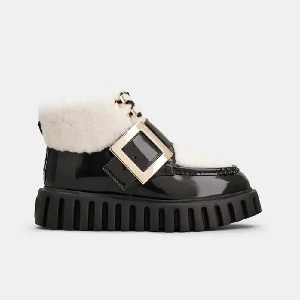 Roger Vivier Viv' Go-Thick Metal Buckle Fur Ankle Boots in Patent Leather for Women Roger Vivier Viv' Go-Thick Metal Buckle Fur Ankle Boots in Patent Leather for Women