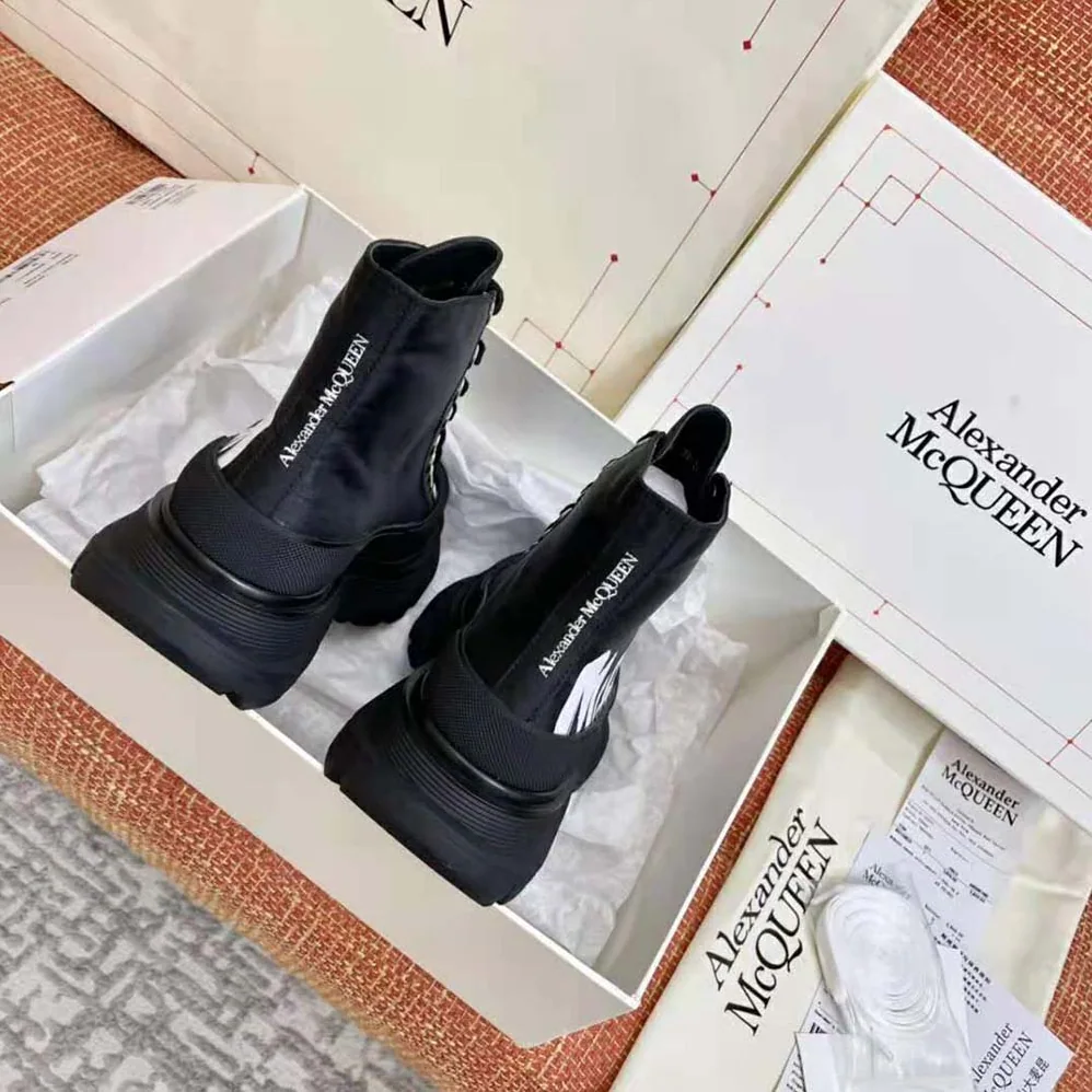 Alexander Mcqueen Tread Slick Boot Black/White Polyfaille Lace for Women in up Boot