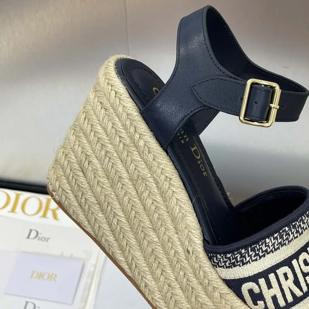 Dior Dway Wedge Sandal Deep Blue Calfskin and Embroidered Cotton for Women