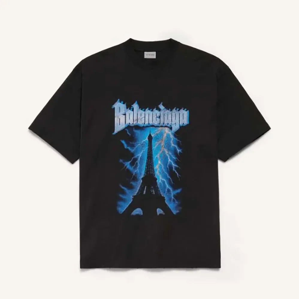 Balenciaga Paris Thunderstorm Oversized T-Shirt in Black Dry Jersey for Men Balenciaga Paris Thunderstorm Oversized T-Shirt in Black Dry Jersey for Men