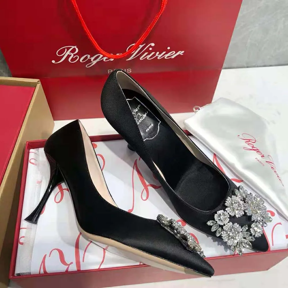 Roger Vivier RV Bouquet Strass Buckle Pumps in Satin for Women in Black
