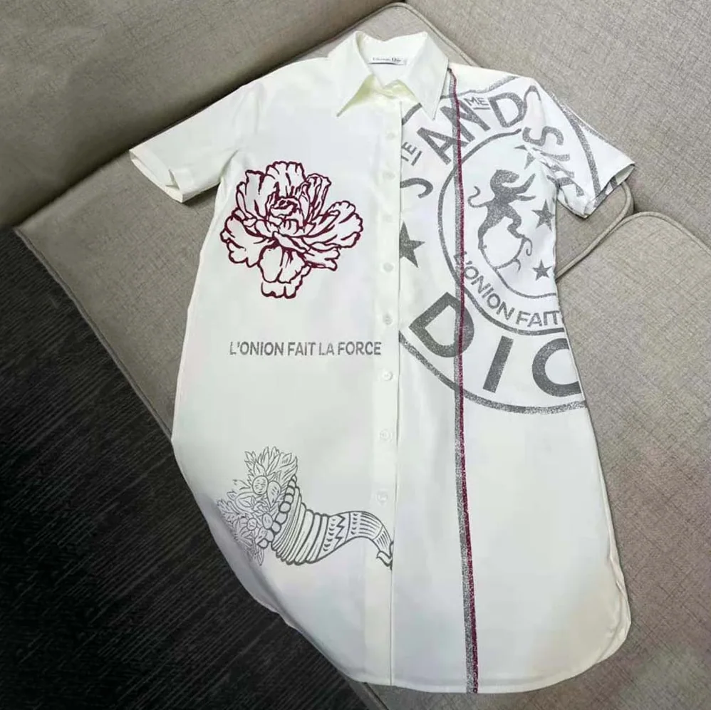 Dior Long Blouse Ecru Cotton Poplin and Silk with Dior Union Motif for Women