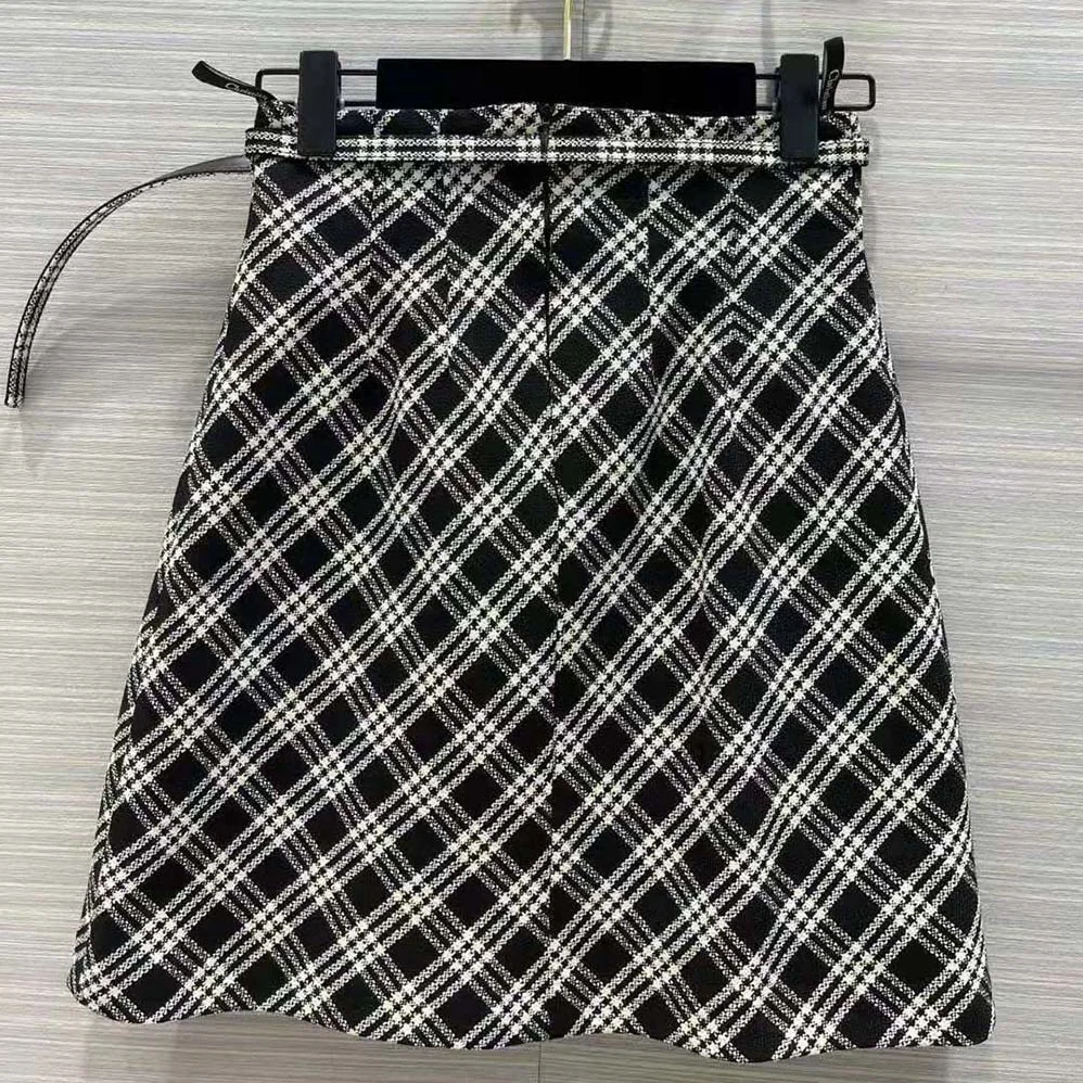Dior Belted Short Skirt Black and White Check'N'Dior Virgin Wool for Women