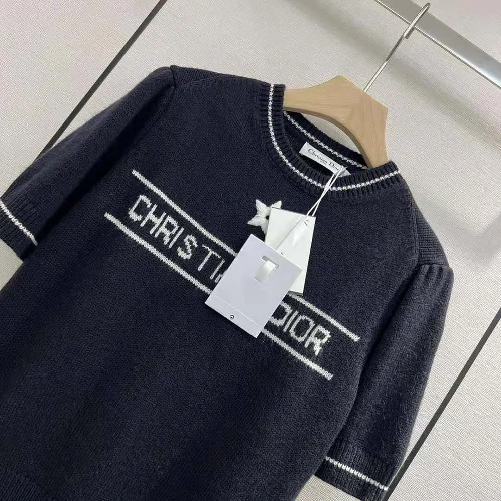 Dior Christian Dior Short-Sleeved Sweater Navy Blue Cashmere and Wool Knit for Women