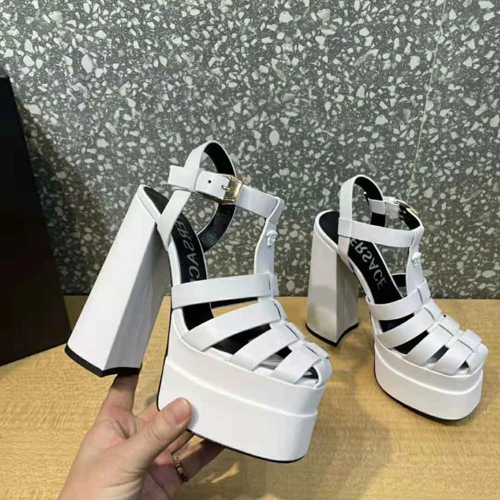 Versace La Medusa Platform Sandals in Calf Leather for Women in White Versace La Medusa Platform Sandals in Calf Leather for Women in White
