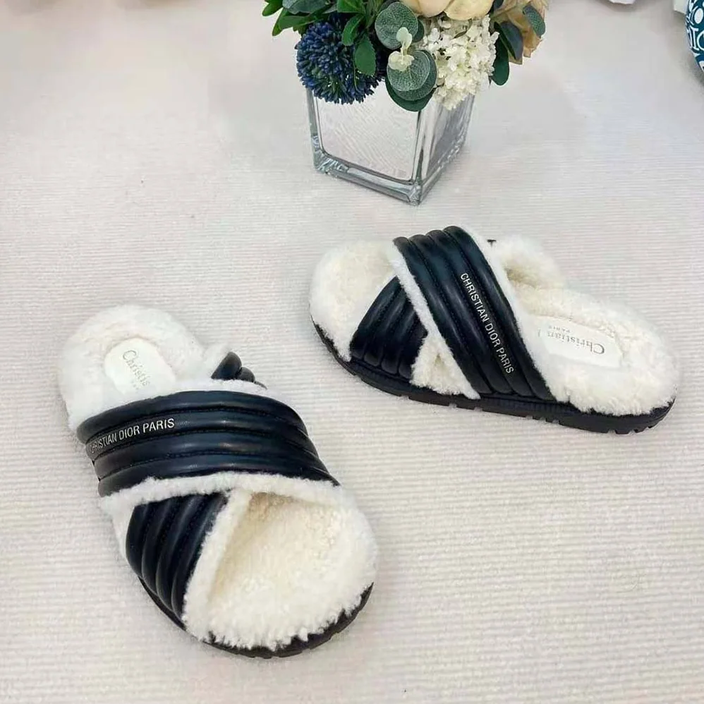 Dior D-Cross Slide Black Lambskin and White Shearling for Women