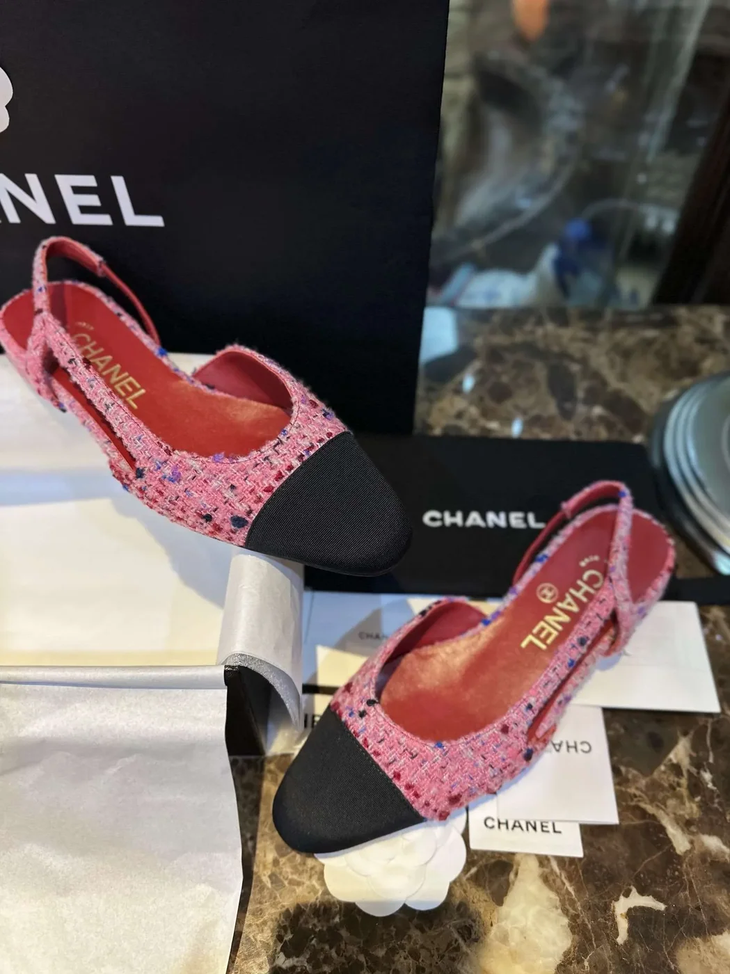 Chanel Woolen Lat Lace Up Sandals Dark Pink