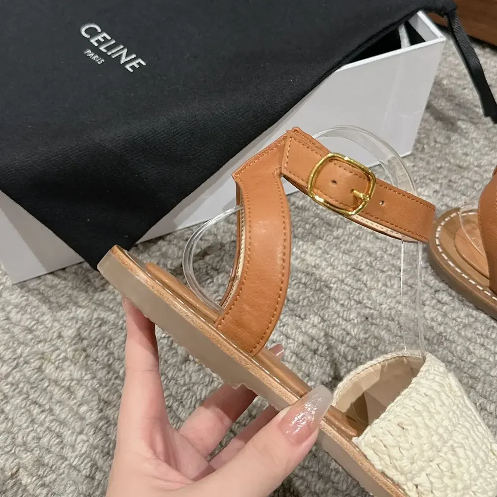 Celine Lympia Sandal in Triomphe Maccramé Cotton & Calfskin for Women in White Celine Lympia Sandal in Triomphe Maccramé Cotton & Calfskin for Women in White