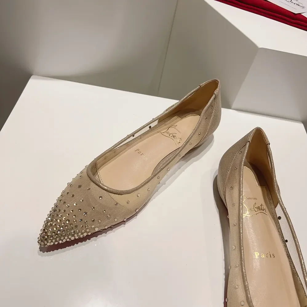 Christian Louboutin Follies Strass Ballerinas Mesh and Suede for Women in Beige Christian Louboutin Follies Strass Ballerinas Mesh and Suede for Women in Beige
