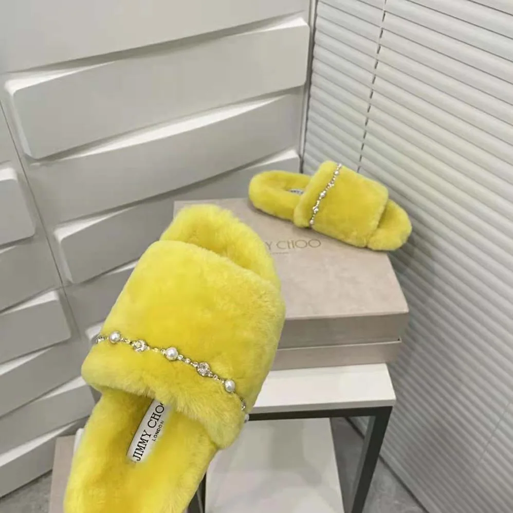 Jimmy Choo Acinda Slipper Lime Shearling Slippers with Crystal and Pearl Detailing for Women Jimmy Choo Acinda Slipper Lime Shearling Slippers with Crystal and Pearl Detailing for Women