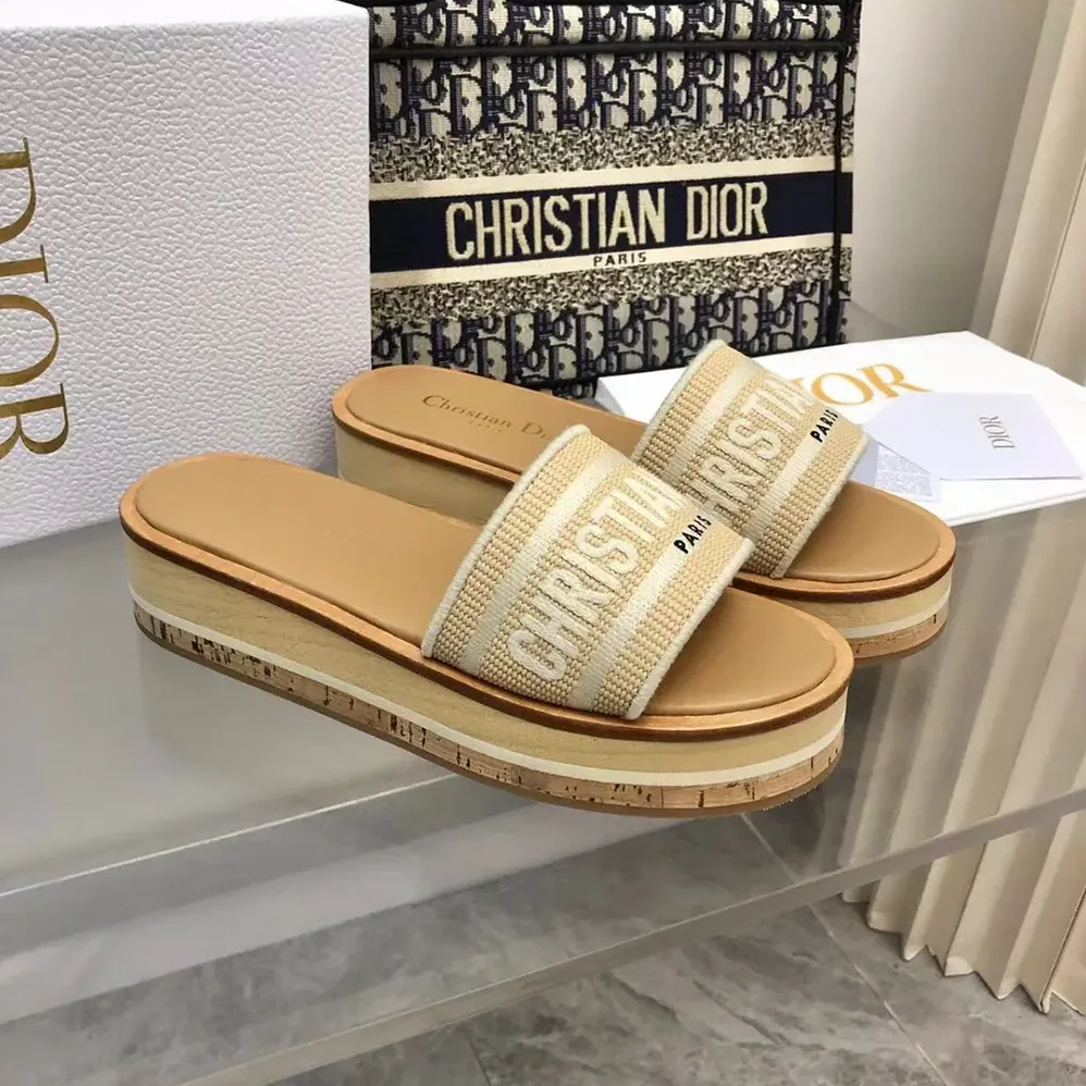 Dior Dway Platform Slide Natural Raffia and White Embroidered Cotton for Women