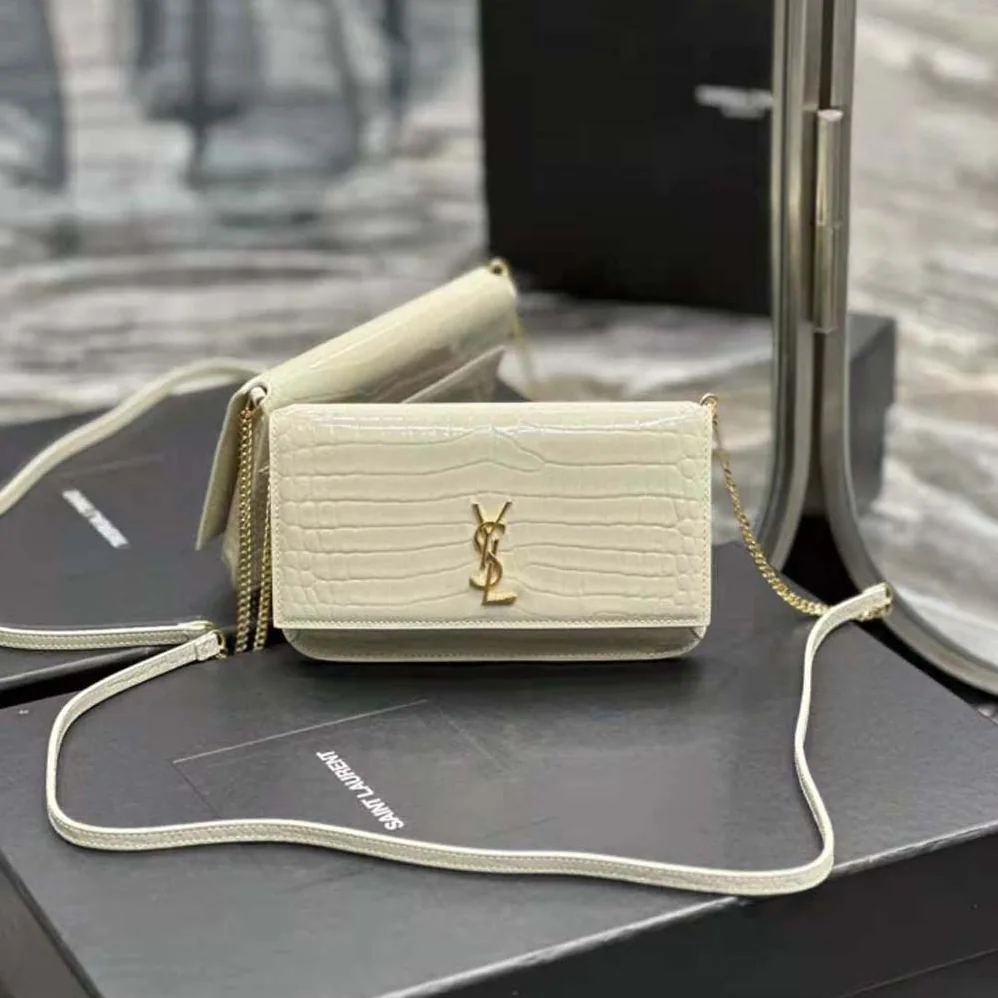 Saint Laurent YSL Cassandre Phone Holder with Strap in Shiny Crocodile-Embossed Leather for Women in White Saint Laurent YSL Cassandre Phone Holder with Strap in Shiny Crocodile-Embossed Leather for Women in White