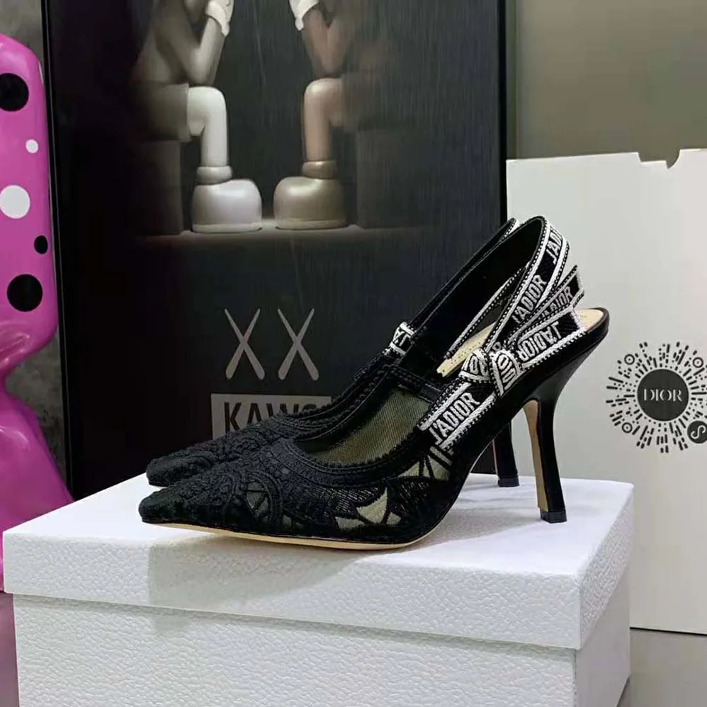 Dior J Adior Slingback Pump Black Macramé Embroidered Cotton for Women Dior J Adior Slingback Pump Black Macramé Embroidered Cotton for Women
