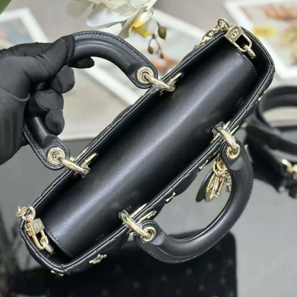 Dior Medium Lady D-joy Bag Black Cannage Lambskin with Gold for Women in Finish Butterfly Studs Dior Medium Lady D-joy Bag Black Cannage Lambskin with Gold for Women in Finish Butterfly Studs