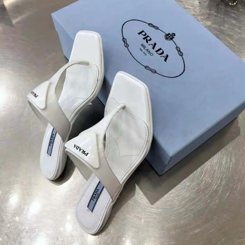 Prada Brushed Leather High-heeled Thong Sandals for Women in White