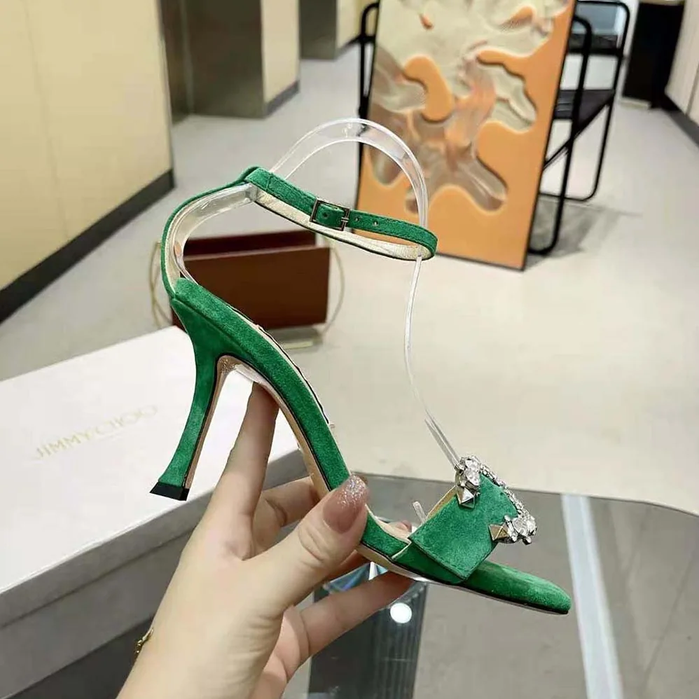 Jimmy Choo Marsai 90 Malachite Suede Sandals with Crystal Buckle for Women Jimmy Choo Marsai 90 Malachite Suede Sandals with Crystal Buckle for Women