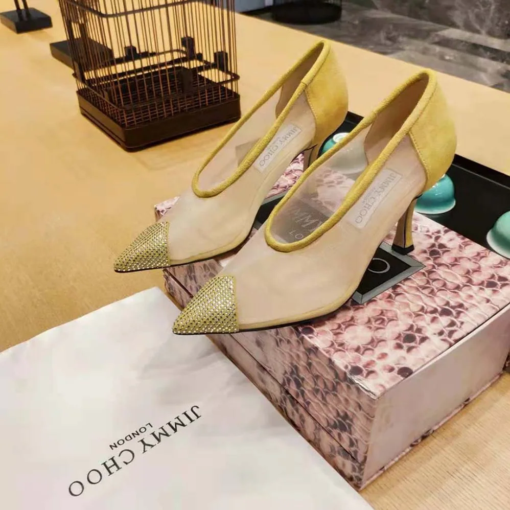 Jimmy Choo Nicole 90 Yellow Mesh and Suede Pumps with Crystal Embellishment for Women