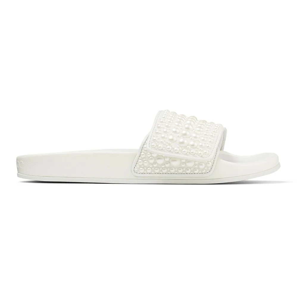 Jimmy Choo Fitz/F White Canvas and Leather Pool Slides with Pearls for Women Jimmy Choo Fitz/F White Canvas and Leather Pool Slides with Pearls for Women