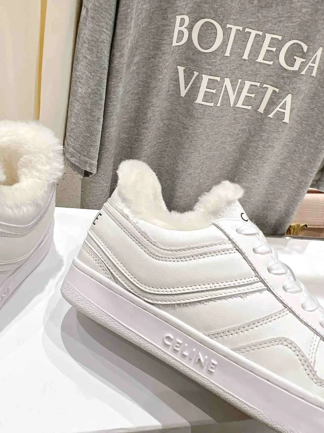 Celine Trainer Low Lace-Up Sneaker In Fur White Celine Trainer Low Lace-Up Sneaker In Fur White