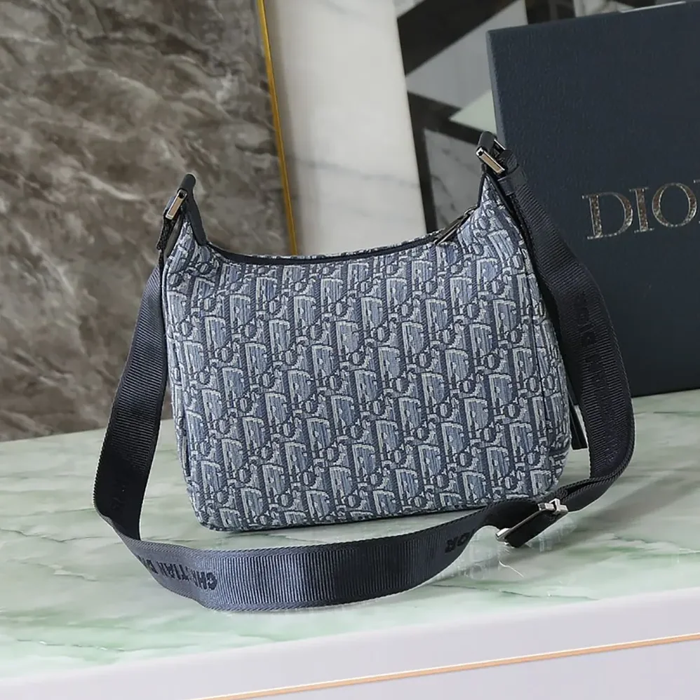 Dior Small Rider Soft Hobo Bag Blue Dior Oblique Jacquard and Blue Grained Calfskin for Men