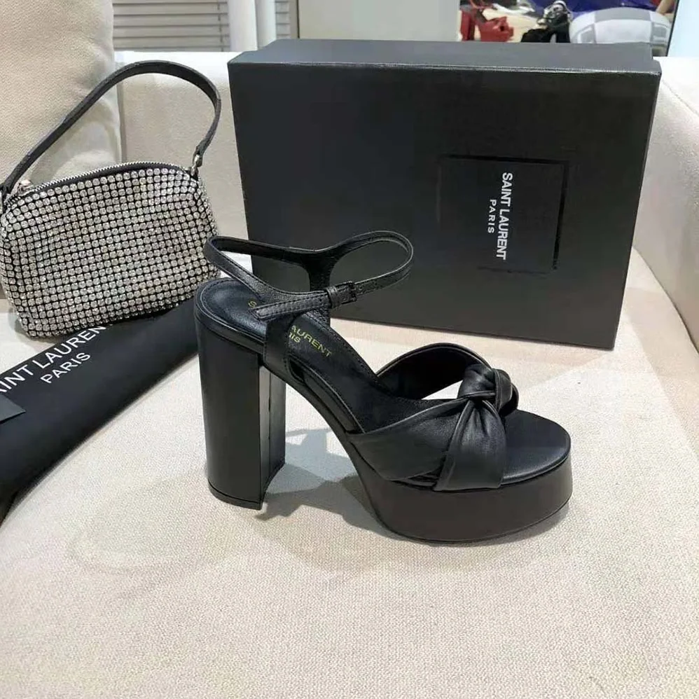 Saint Laurent YSL Bianca Platform Sandals in Smooth Leather for Women in Black