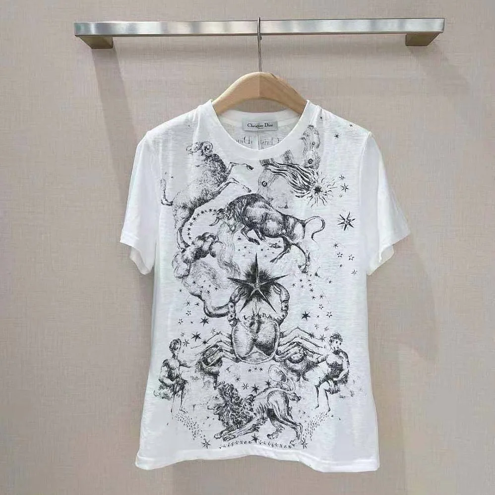 Dior T-shirt White Cotton Jersey with Melothesia Motif for Women Dior T-shirt White Cotton Jersey with Melothesia Motif for Women