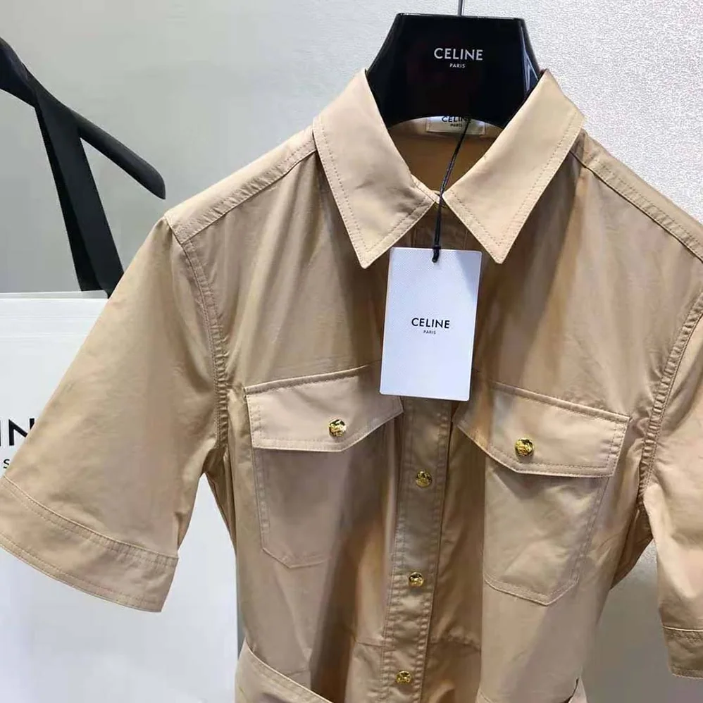Celine Shirt Dress in Lightweight Cotton for Women in Brown Celine Shirt Dress in Lightweight Cotton for Women in Brown