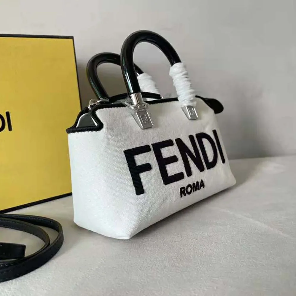 Fendi By The Way Mini White Canvas Small Boston Bag for Women Fendi By The Way Mini White Canvas Small Boston Bag for Women