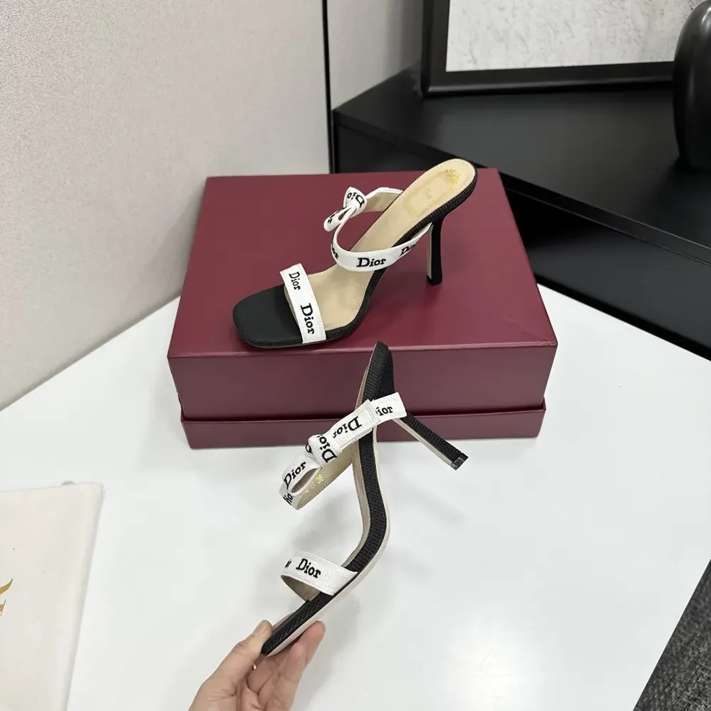 Dior Heeled Sandal with J'Adior Straps Black Embroidered Cotton for Women Dior Heeled Sandal with J'Adior Straps Black Embroidered Cotton for Women