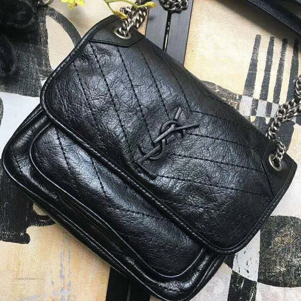 Saint Laurent YSL Niki Baby Crinkled Vintage Bag for Women in Black Saint Laurent YSL Niki Baby Crinkled Vintage Bag for Women in Black