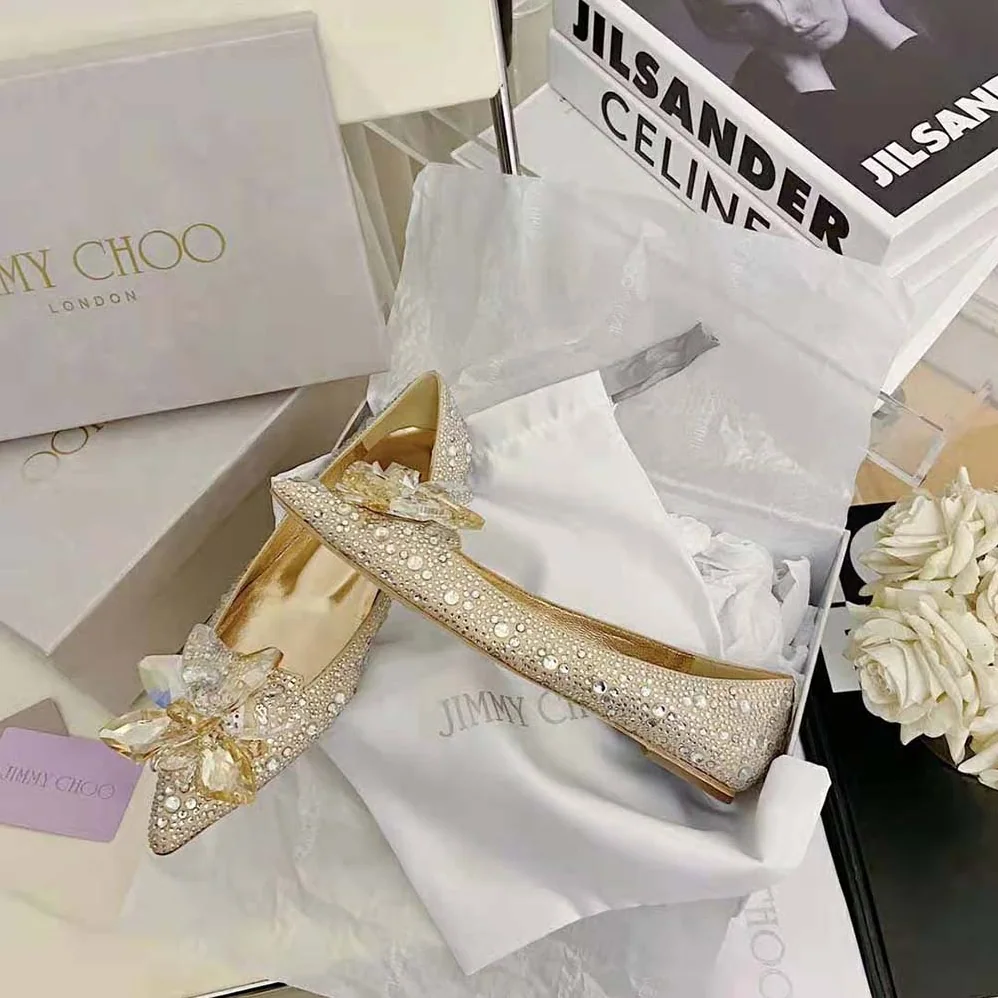 Jimmy Choo Attila Rose Gold Crystal Covered Pointy Toe Flats for Women Jimmy Choo Attila Rose Gold Crystal Covered Pointy Toe Flats for Women