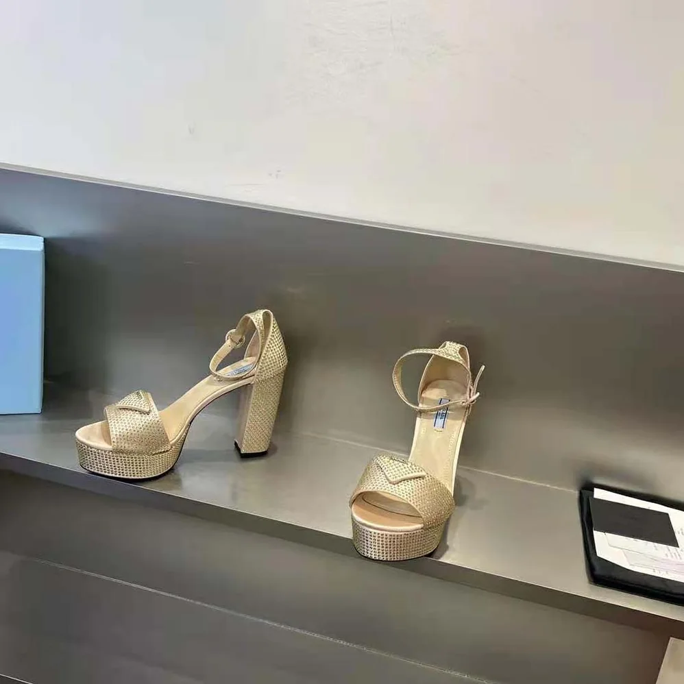 Prada Satin Platform Sandals with Crystals for Women in Gold